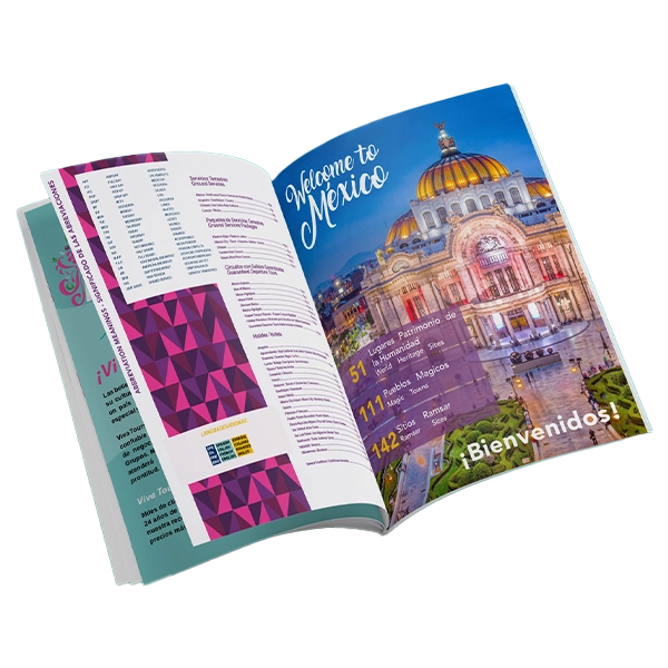Revista de viajes diseñada por EsBrillante, abierta en una página sobre México